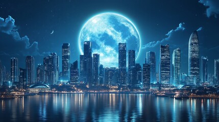 Fototapete - A giant futuristic city encased in a glass dome beneath a massive moon