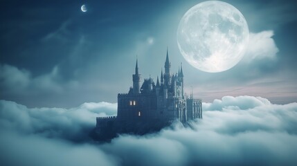 Fototapete - A medieval castle floating on a sea of clouds, illuminated by the moon.