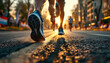 © LumeFrames - A dynamic close-up shot of a runner’s foot striking the pavement during a sunrise marathon. The image is captured from a low angle, emphasizing the texture of the road and the energy of movement.