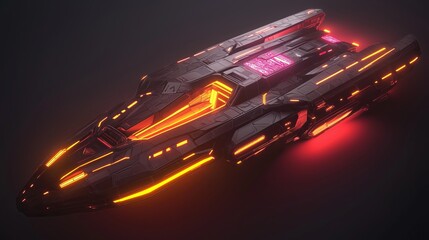 Poster - A neon-lit spaceship docking station with glowing lights and deep shadows