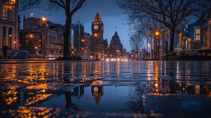 Fototapete - A nighttime cityscape with streetlights reflecting on wet cobblestone streets.