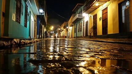 Poster - A nighttime cityscape with streetlights reflecting on wet cobblestone streets.