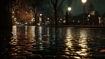 Poster - A nighttime cityscape with streetlights reflecting on wet cobblestone streets.