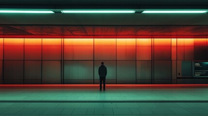 Aufkleber - A quiet subway station with a lone passenger standing under soft neon light