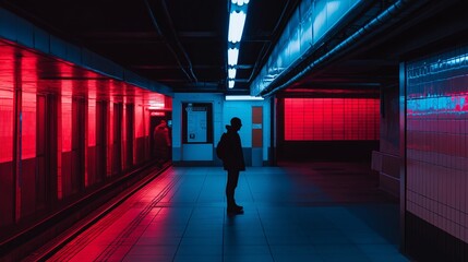 Aufkleber - A quiet subway station with a lone passenger standing under soft neon light