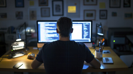 focused software developer works late at night, coding on computer in dimly lit room filled with framed pictures and personal items