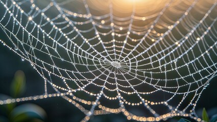 In the gentle light of dawn, an intricately woven spider web glistens with fresh droplets of dew, caught in razor-sharp focus against a soft, blurred background. 