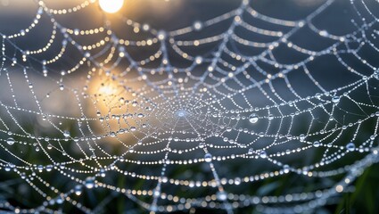 In the gentle light of dawn, an intricately woven spider web glistens with fresh droplets of dew, caught in razor-sharp focus against a soft, blurred background. 