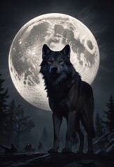 Wall Mural - A lone wolf stands under a full moon, its eyes glowing in the darkness, howling sound, natural world