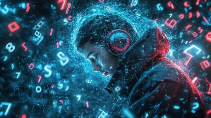 Immersive digital world a young person with headphones enveloped by flowing neon code