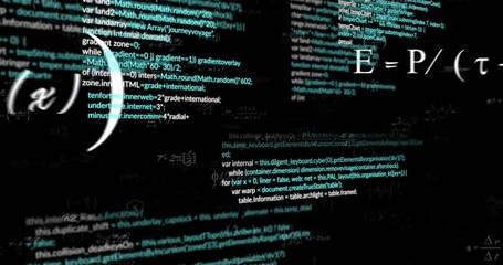 Animation of computer code and mathematical formulas floating in digital space