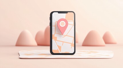 Smartphone Navigation App Interface Design Mockup with Location Pin on a Map Displayed on Screen, Minimalist Pastel Background