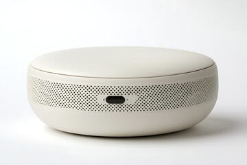 Beige round portable speaker on plain background. Possible use Stock photography for home audio, technology, modern design