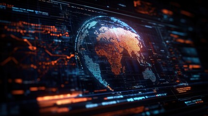 a digital rende of a glowing data-rich earth displayed on a futuristic interface with surrounded tec