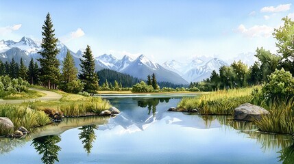 Wall Mural - peaceful lake scene with crystal-clear reflections of pine trees and distant snow-capped mountains i
