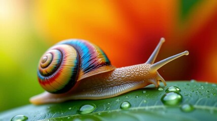 Fototapete - Close-Up of a Colorful Snail on a Dewy Leaf with Vibrant Background Blurring in Natural Light