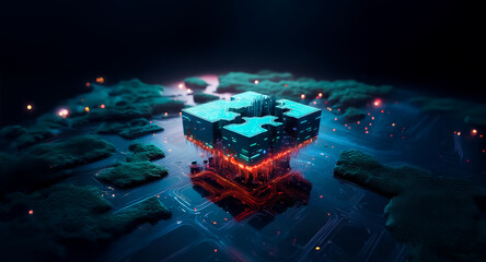 Wall Mural - a vibrant puzzle cube, illuminated from below with a fiery red glow, rests on a dark, textured surfa