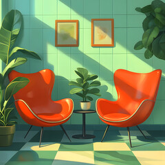 Fototapete - A cozy interior scene featuring vibrant orange chairs, a small table, and lush green plants against a tiled backdrop