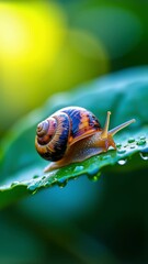 Fototapete - Close-Up of a Colorful Snail on a Dewy Leaf with Vibrant Background Blurring in Natural Light