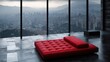 © Pannee - A contemporary penthouse living area with a striking red leather couch and a floor-to-ceiling city view.