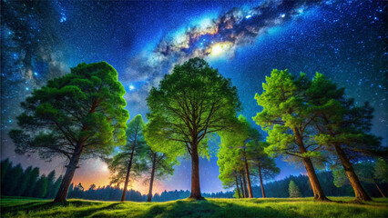 Lush forest at night, big green trees illuminated softly beneath a starry, midnight blue sky.