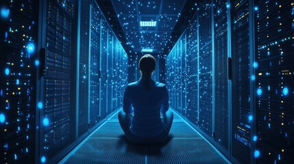 Data center harmony: Woman meditating amid server racks in a blue illuminated room