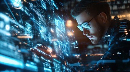 Innovative software developer working on digital interface with advanced technology