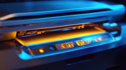 Wall Mural - close-up of a laptop screen with blue light on, suitable for tech and digital themes