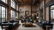 © benjamas - Spacious Living Room with Black Leather Furniture and Exposed Brick Walls in Urban Interior Design