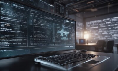 digital computer screen displaying code on a futuristic business background, technology, digital