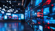 © Maksym - A modern television studio with large glass panels and suspended light rigs, recording an interview with bokeh background of vibrant digital news graphics and moving ticker tapes