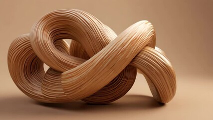 Abstract Wooden Sculpture with Interlocking Loops on Tan Background