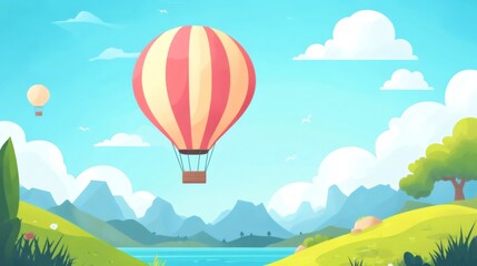 hot air balloons floating over green hills and blue lake in sunny day
