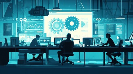 Scene depicting a team of developers working on mobile app development