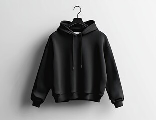 black hoodie on hanger. detailed view of a plain black hoodie, featuring a drawstring hood and long 