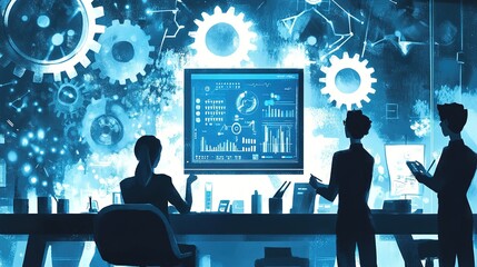 scene depicting a team of developers working on mobile app development