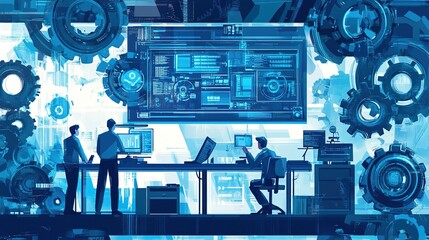 scene depicting a team of developers working on mobile app development