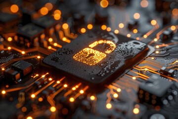 Wall Mural - a close up view of a computer chip and a glowing padlock