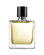© Kuzmick - Square perfume bottle with black cap filled yellow-colored fragrance isolated. Front view. Transparent PNG image.