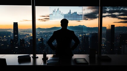 blockchain developer reviewing analytics dashboards in a rooftop workspace, with projector showing graphs, confident and collaborative vibe