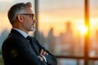 © Роман Варнава - Corporate leader analyzes strategic growth plan in elegant boardroom with city views at sunset