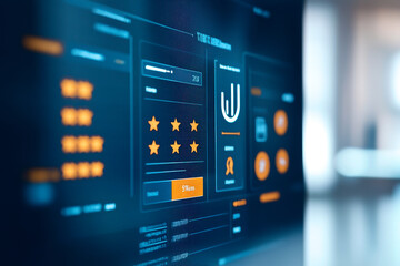 a digital interface displaying user ratings, feedback, and navigation options, highlighting a modern