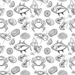 Seamless pattern of hand drawn seafood sketches