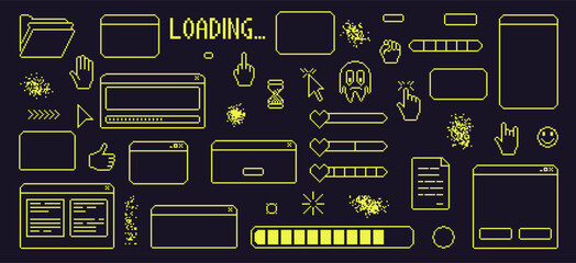 Wall Mural - pixel art retro windows interface. 8 bit text boxes with loading, cursors, arrow. green stroke conso