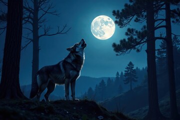 Wall Mural - Full moon in the forest, a lone wolf howls loudly, wilderness, wolf