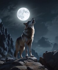 Wall Mural - Full moonlit night with a majestic wolf standing alone on a rocky hilltop, natural, solitary