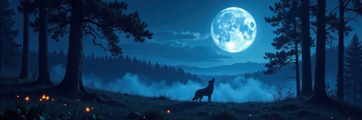 Wall Mural - Full moon night forest landscape with a howling wolf in the distance, animal, lunar