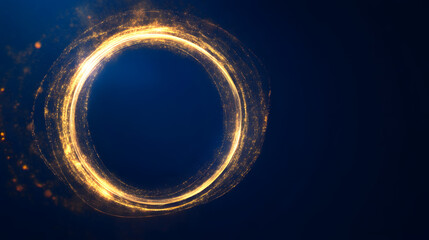 Wall Mural - Abstract golden shiny circle on a dark blue background, yellow light circle with copy space