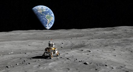 exploring lunar surface with rover earth visible in the sky