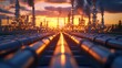 © Watcharaporn - A sprawling oil refinery complex at sunset with illuminated structures, smoking chimneys, and extensive piping leading to the industrial site viewable in detail
